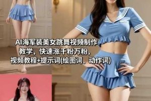 AI海军装美女跳舞视频制作教学，快速涨千粉万粉，视频教程+提示词(绘图词、动作词)