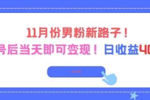 11月份男粉新路子，起号后当天即可变现，日收益4张