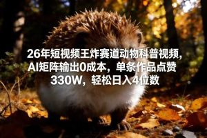 26年短视频王炸赛道动物科普视频,AI矩阵输出0成本,单条作品点赞330W,轻松日入4位数