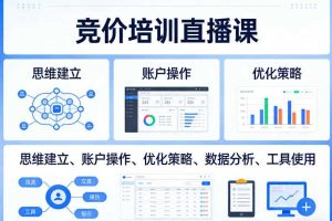 竞价培训直播课，覆盖思维建立、账户操作、优化策略、数据分析、工具使用等，全方位提升效果