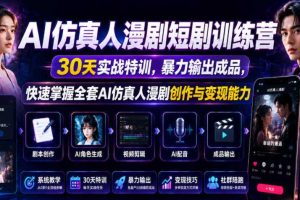 AI仿真人漫剧短剧训练营,30天实战特训,暴力输出成品,快速掌握全套AI仿真人漫剧创作与变现能力